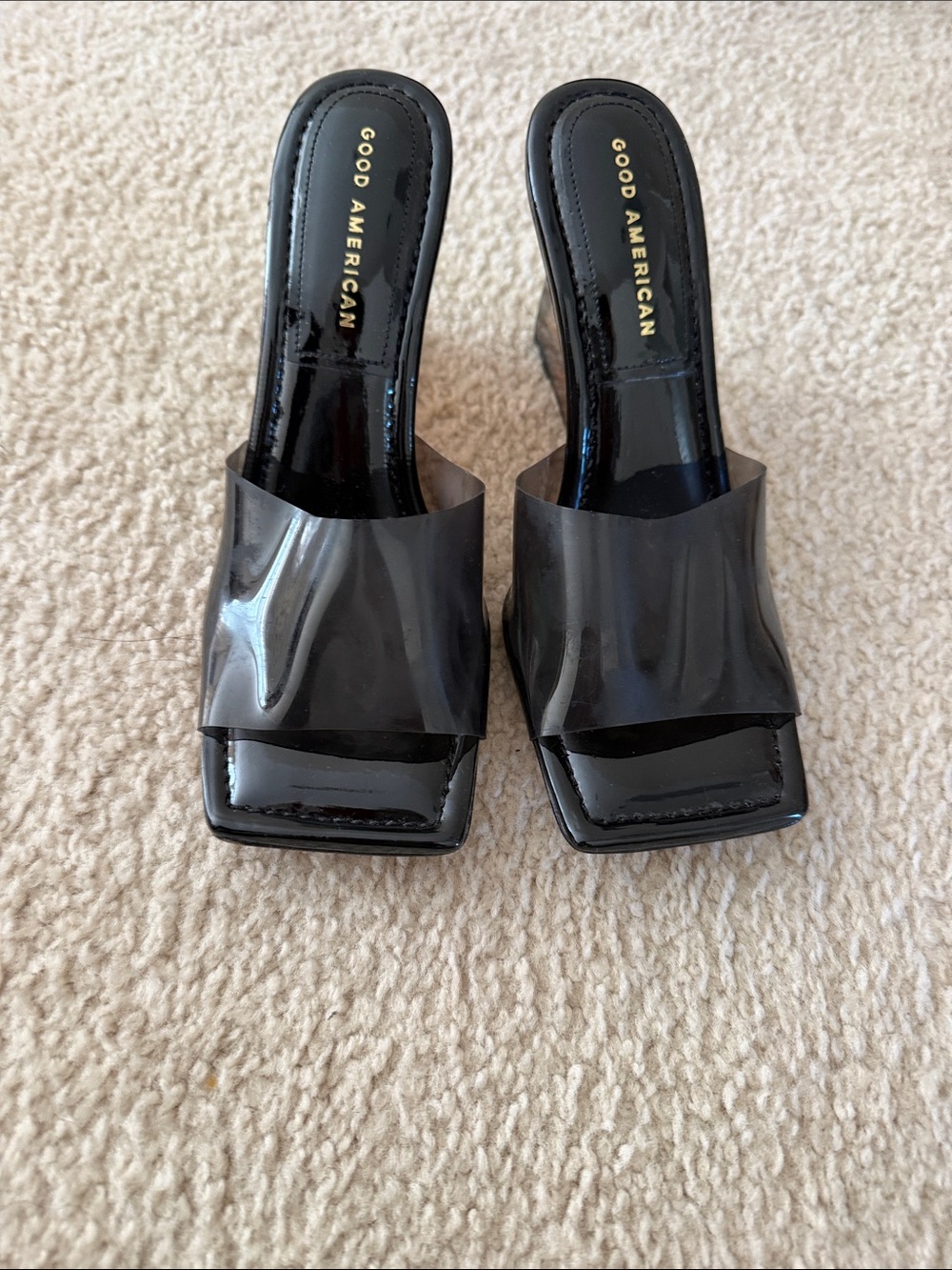 Good American Black Patent Slide Mules with Square Toe